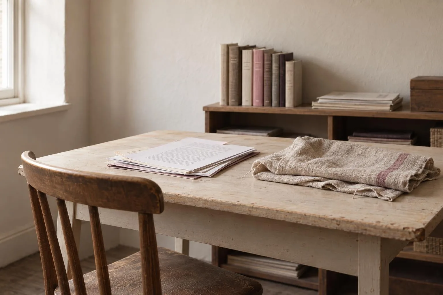 A worn wooden worktable in a quiet room, holding printed pages and a folded linen cloth, with a shelf of cloth-bound books behind it.
