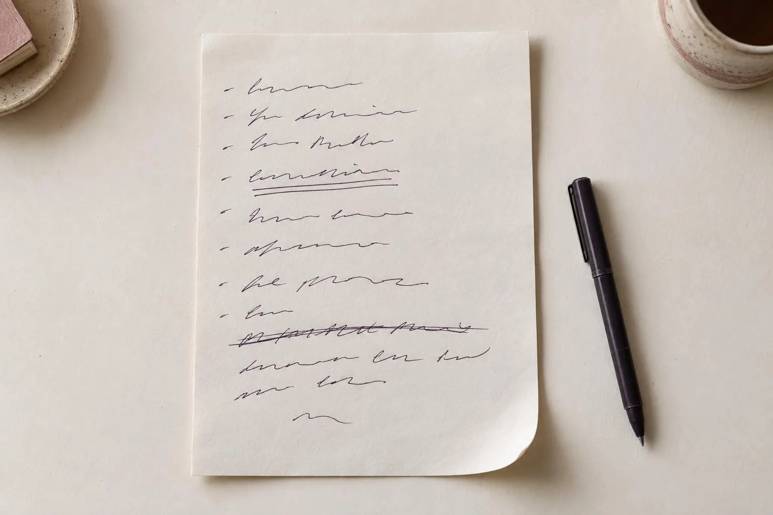 A sheet of handwritten notes: a short dashed list, a phrase underlined twice, and a sentence crossed out and rewritten beneath.