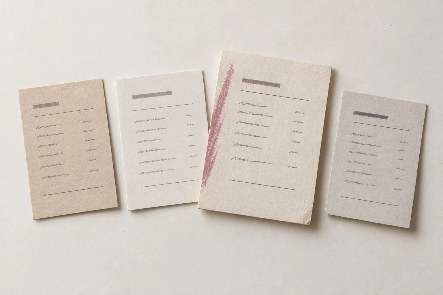 Four small printed cards of different paper weights laid in a row, the largest marked along its edge in rose pencil.