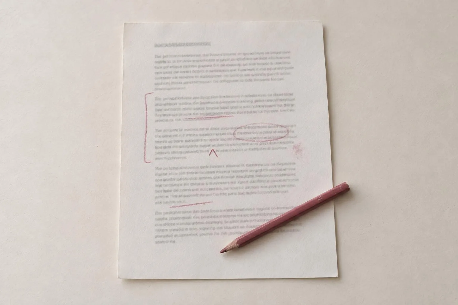 A printed page marked up by hand in rose pencil, with a bracket down one side, an underline, a caret and a circled passage.