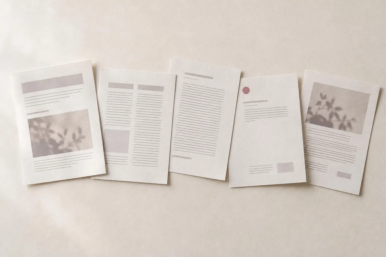 Five printed sheets laid out in a loose row, each showing a different page structure — a wide heading, two columns, a long single column, a page that is mostly margin.